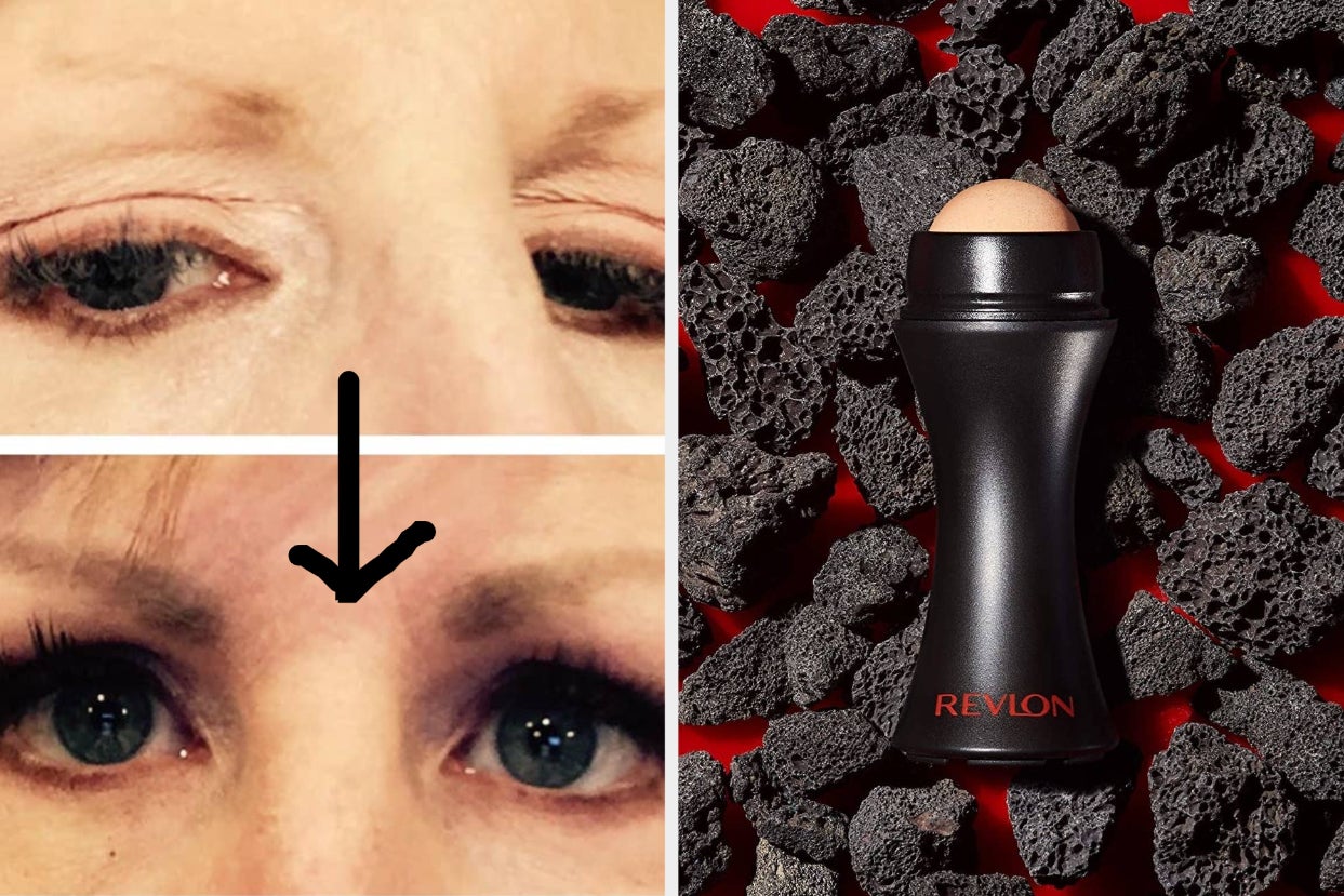 Before and after comparison of a person's eyes using Revlon mascara, emphasizing eyelash volume
