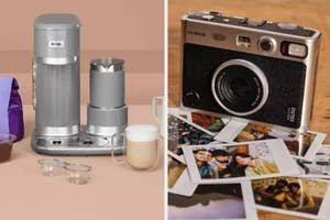 Espresso machine next to a cup and an Instax hybrid mini camera next to printed photos