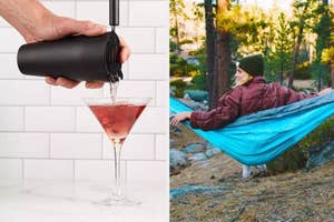 Person relaxing in a hammock outdoors and a hand pouring a drink using a cocktail shaker