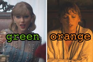 On the left, Taylor Swift in the Blank Space music video labeled green, and on the right, Taylor Swift in the Cardigan music video labeled orange