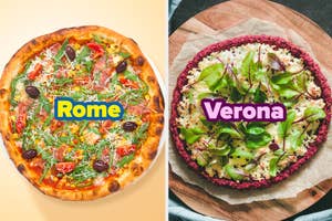 Two different pizzas with "Rome" and "Verona" labels