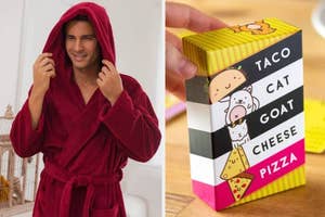 Person in a plush robe; hand holding 'Taco Cat Goat Cheese Pizza' game box