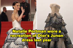 Natalie Portman waves, wearing a Dior dress with layers; beside a close-up of the dress's detailing. Text: Portman wore a recreation of Dior's Junon dress last year