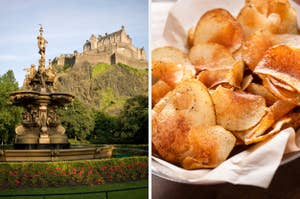 On the left, Edinburgh Castle on a hill, and on the right, a bowl of potato chips