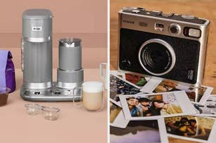 Espresso machine next to a cup and an Instax hybrid mini camera next to printed photos
