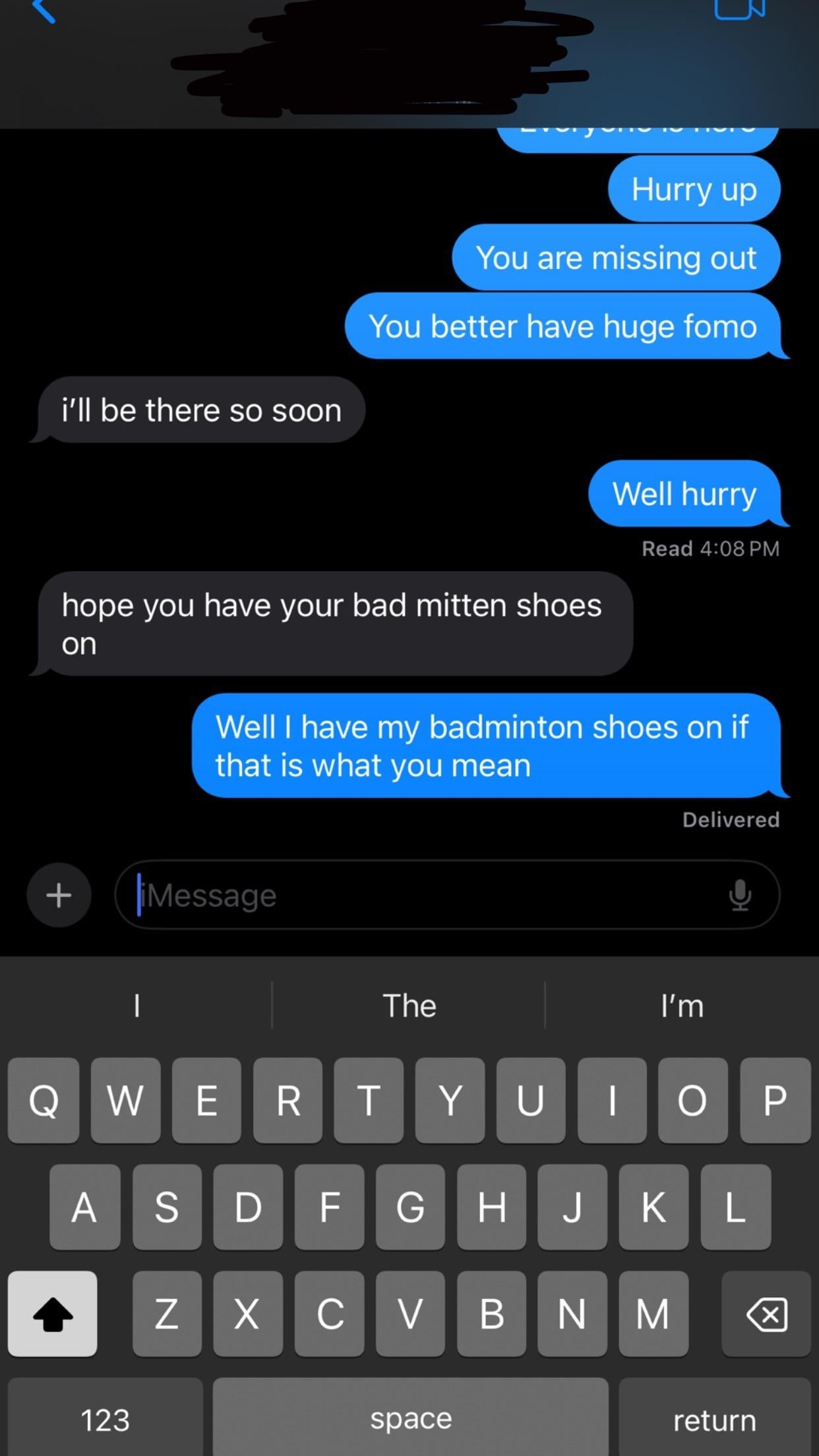 Screenshot of a humorous text conversation where &quot;bad mitten&quot; is mistakenly used instead of &quot;badminton.&quot;