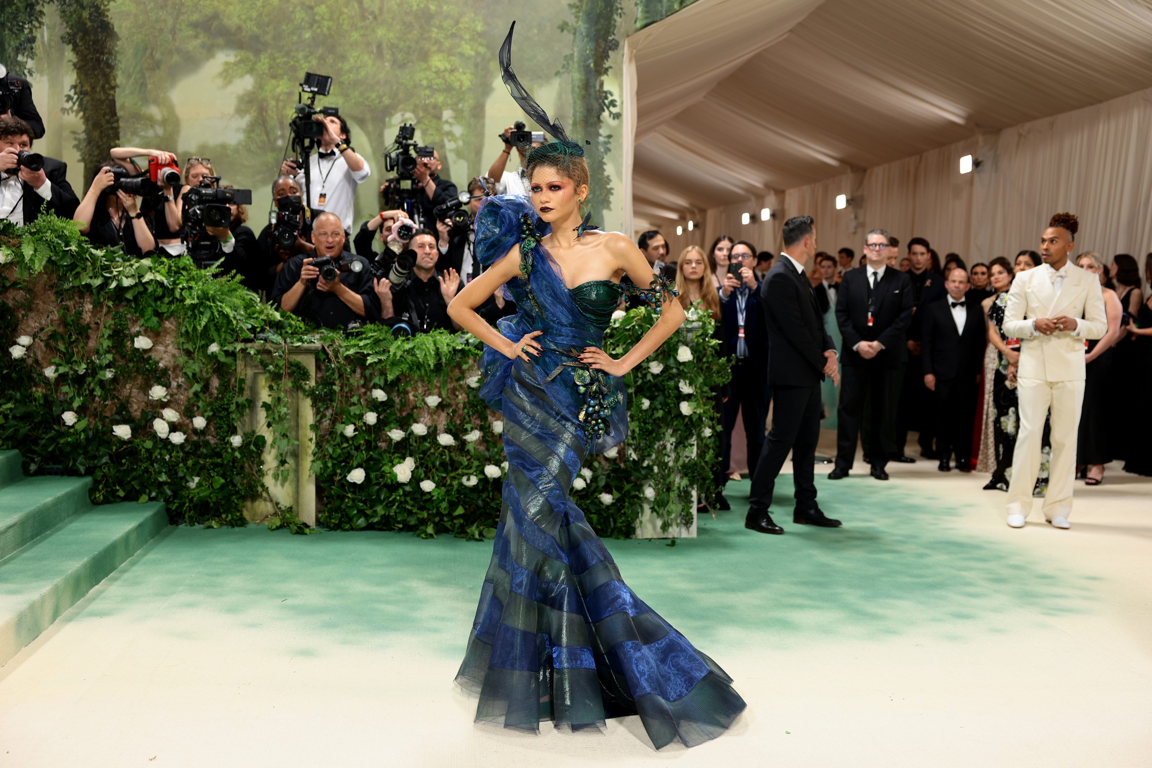 Zendaya wearing a structured, ocean-inspired couture gown at an event