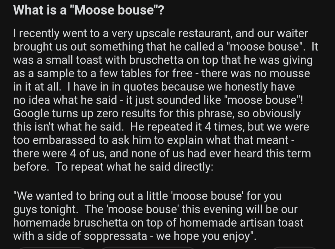 Image of a text story about a dining experience involving confusion over the term &quot;moose bouse.&quot;