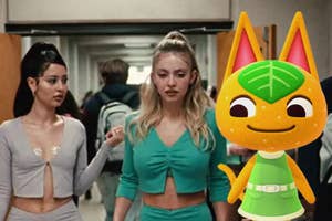 Two women from "Euphoria" walking side-by-side in a hallway and a character dressed as a tangerine from "Animal Crossing."