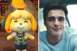 Animated character Isabelle from Animal Crossing next to a photo of a smiling Jacob Elordi.