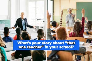 Teacher at the front of a classroom with raised student hands; overlay text asks about a memorable teacher story