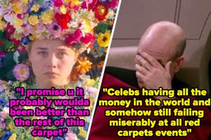 Two side-by-side memes showing comedic takes on red carpet events, one with a flower hat, the other a facepalm