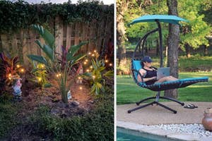 reviewer's swaying lights in a garden / reviewer on zero-gravity cacnopy swing