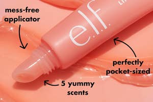 Close-up of an e.l.f. lip gloss applicator highlighting its mess-free design and pocket-size with a variety of scents
