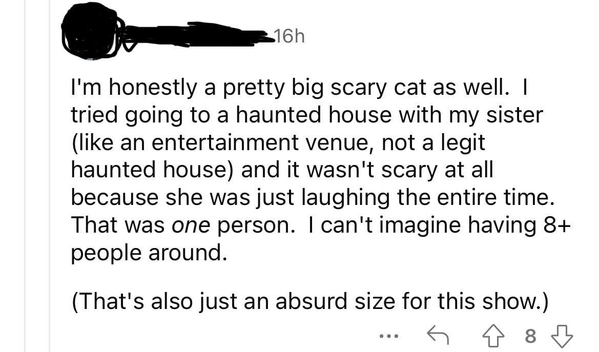 Social media screenshot of a user&#x27;s comment about being scared at a haunted house event, and the experience with their sister