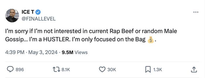 Tweet by Ice T disinterested in rap beef, focused on money, with high engagement