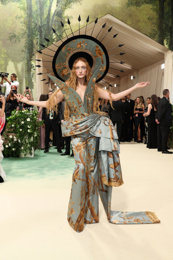Harris in extravagant outfit with wide-brimmed hat and patterned dress on Met Gala&#x27;s carpet