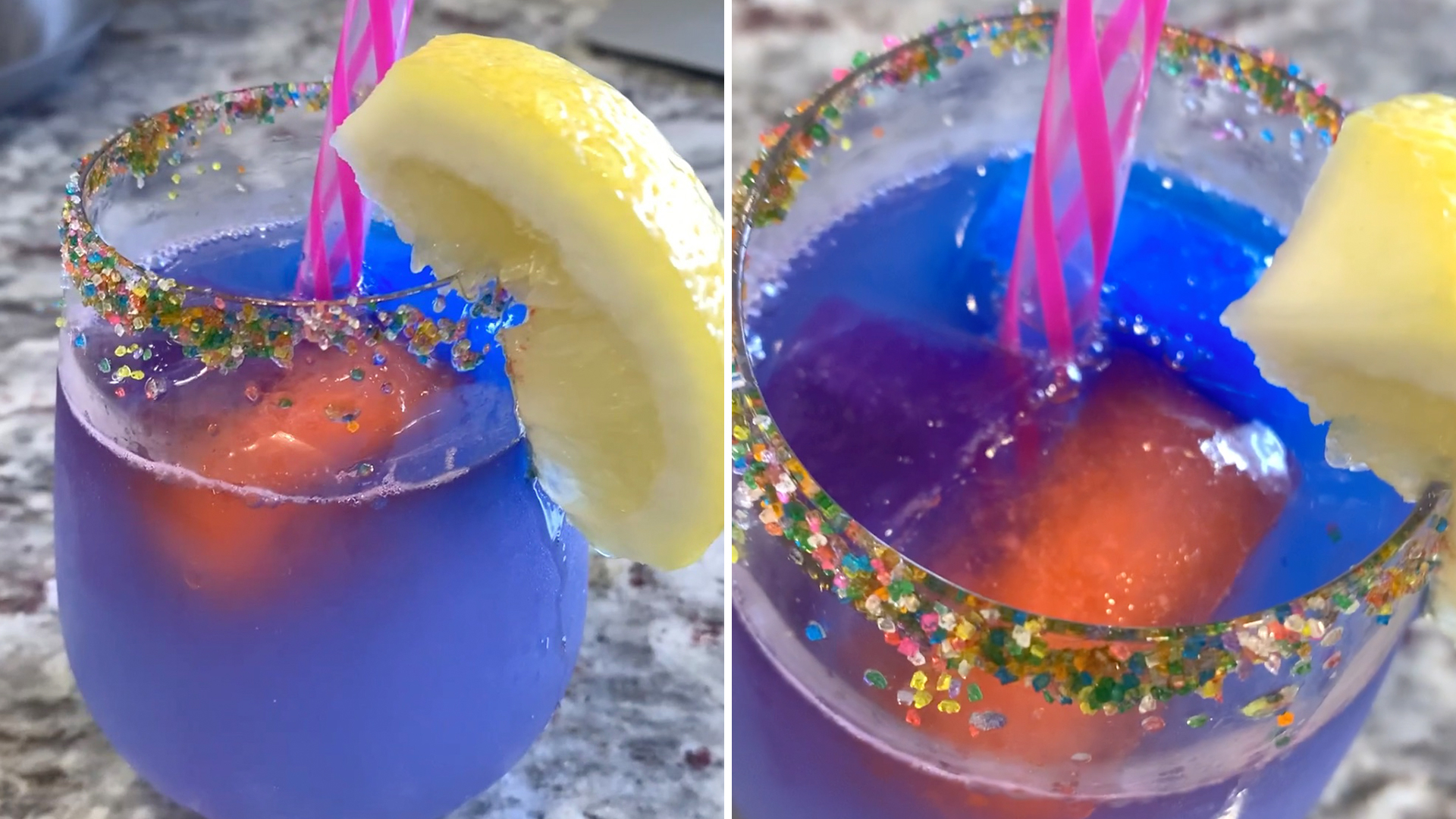 Two glasses with a sparkling rim, filled with a layered blue and purple beverage, garnished with a lemon wedge