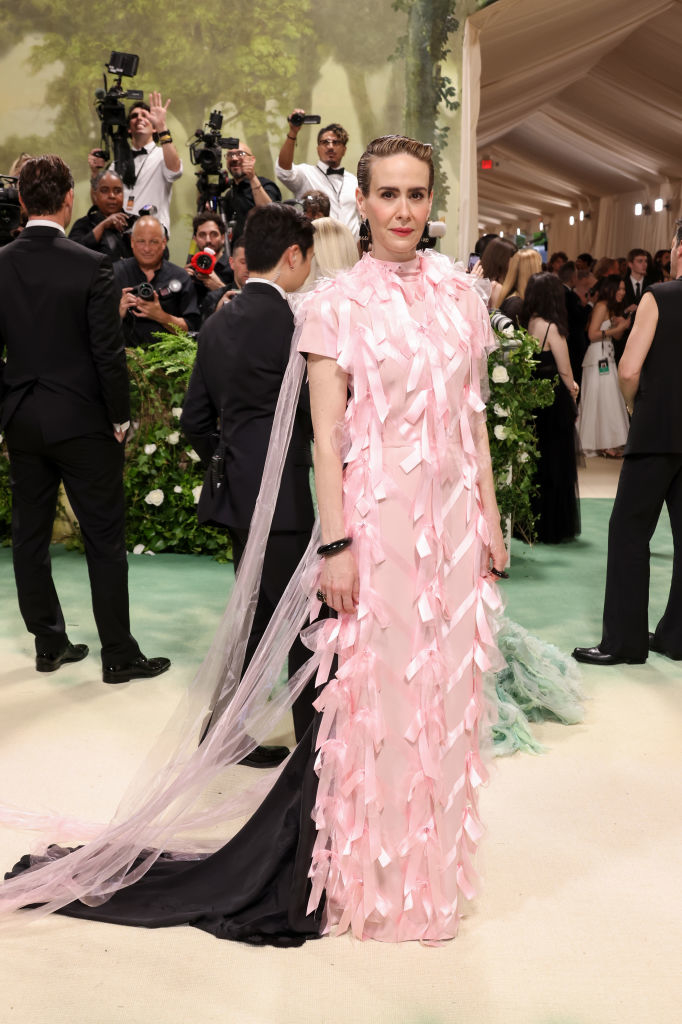 Sarah Paulson in elaborate dress with ruffled layers and a trailing sheer cape stands at an event, photographers in the background