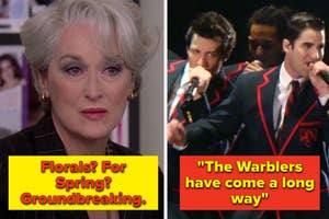 Left: Miranda Priestly with a sceptical expression. Right: The Warblers performing in blazers. Text from 'The Devil Wears Prada' and 'Glee'