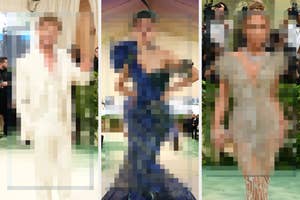 Three blurred figures in distinct poses, on what appears to be a red carpet event