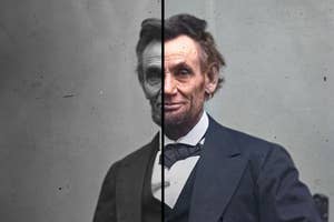 Half black-and-white, half colorized portrait of Abraham Lincoln, split down the middle
