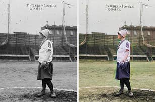 A vintage photo of a female baseball player in uniform, standing on a field with "Pitcher - Female Giants" text