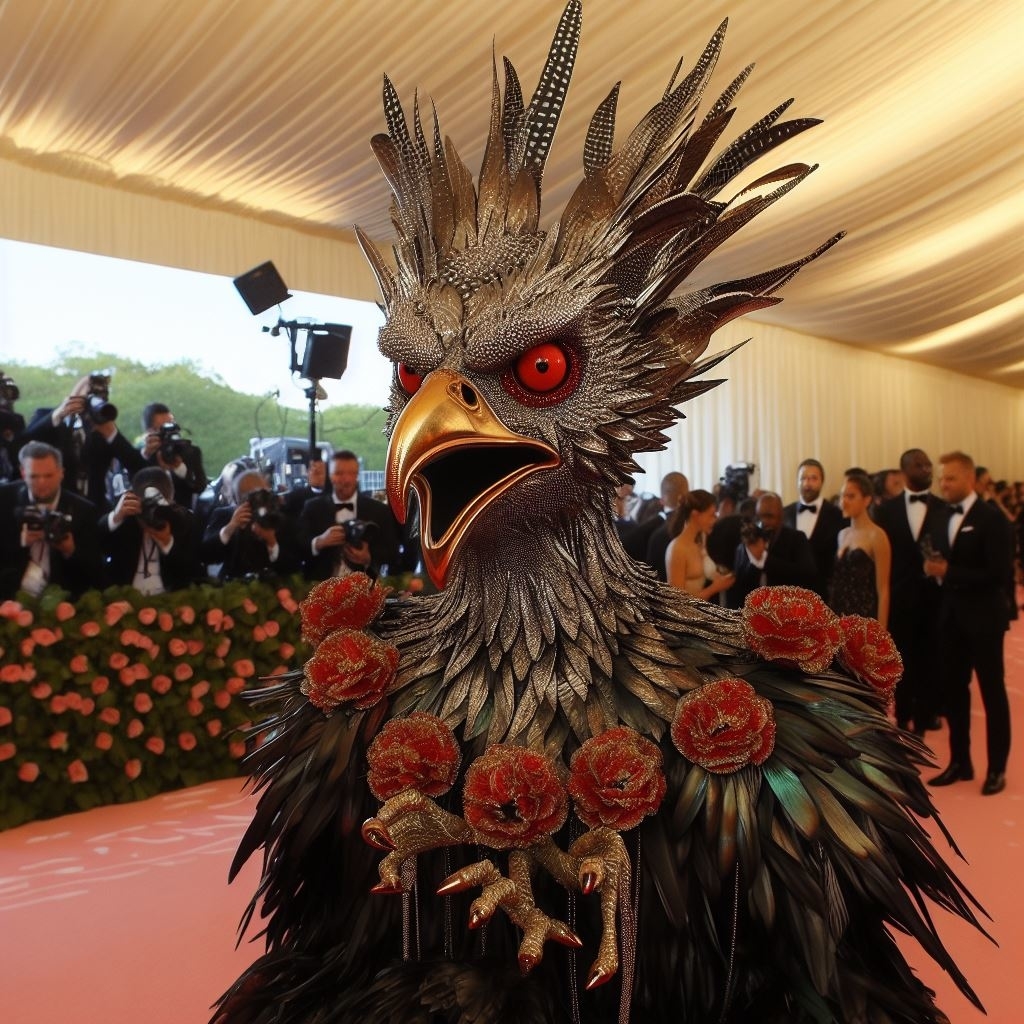 Person in an elaborate bird costume with a beaked mask and feather detailing at a formal event