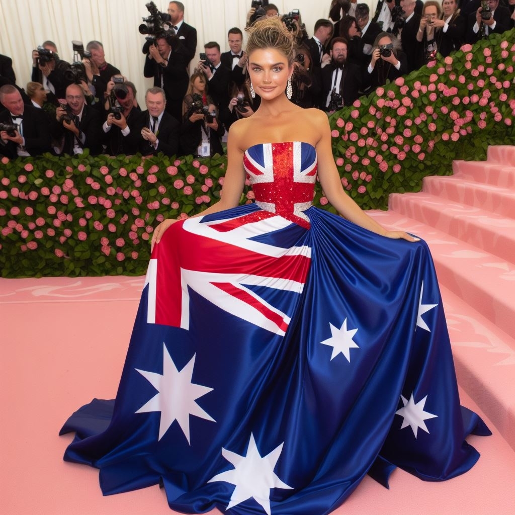 Woman seated on steps draped in a gown styled with the Australian flag, photographers in the background
