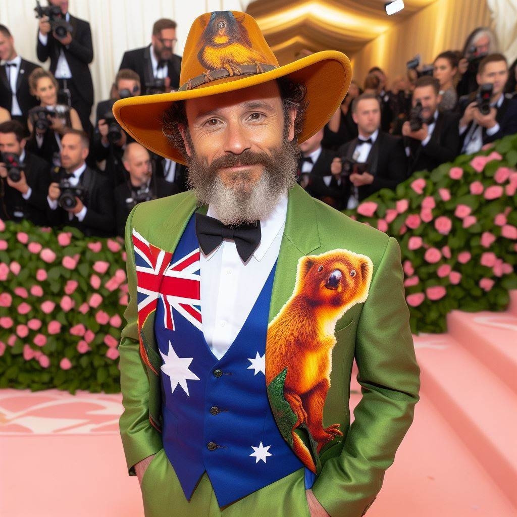 Man in a green suit with an Australian flag design, and images of an animal on his hat and jacket