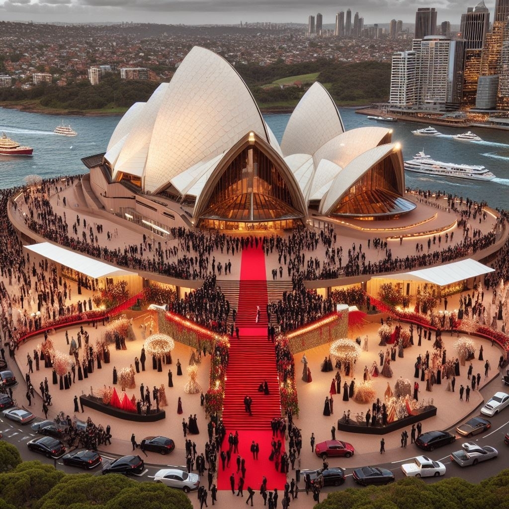 Aerial view of a crowded event at the Sydney Opera House with a prominent red carpet leading up to it