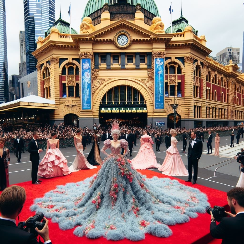 Elegant gowns with elaborate trains on display at an event, surrounded by spectators and photographers