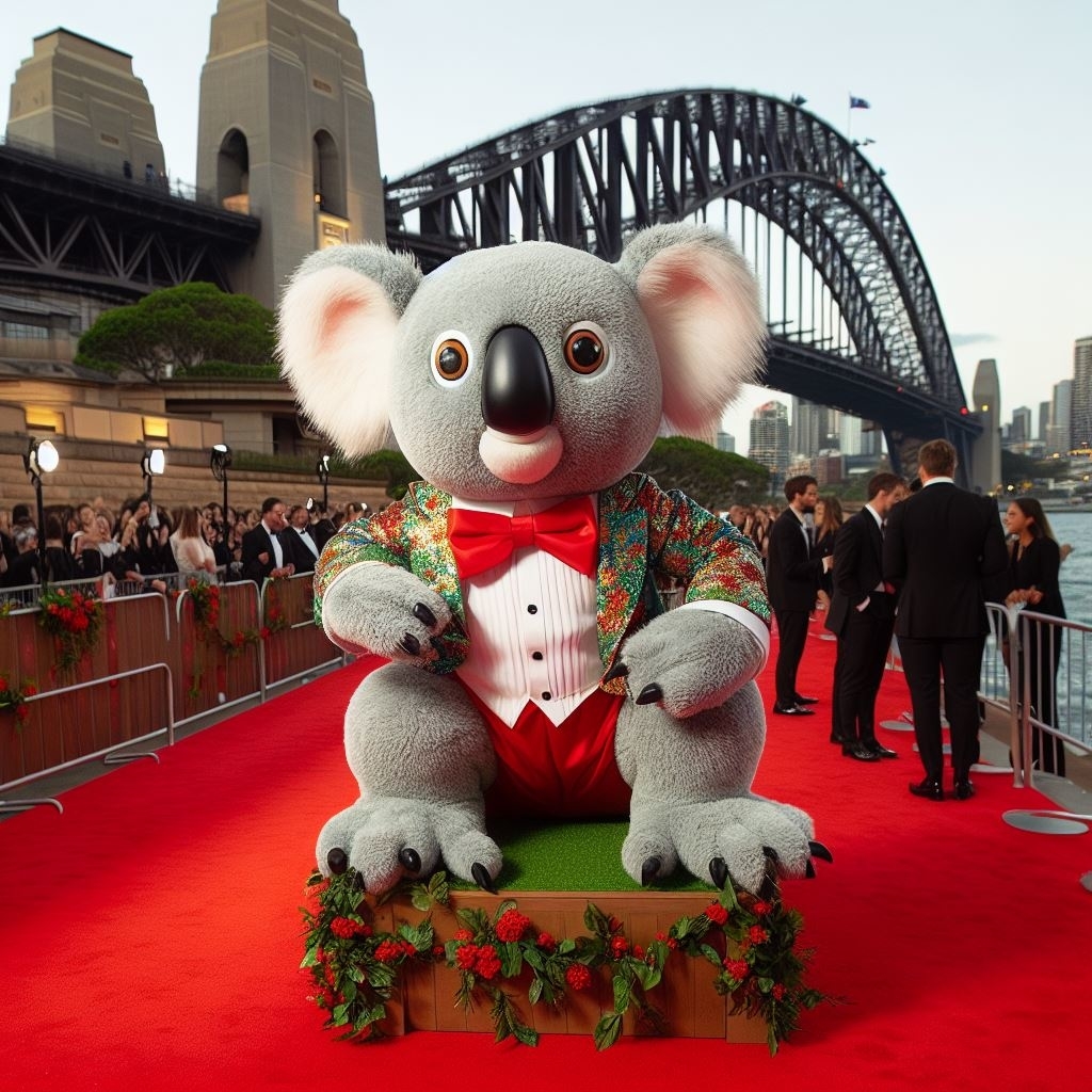 Person in koala mascot costume sitting on a box at an event with a bridge in the background