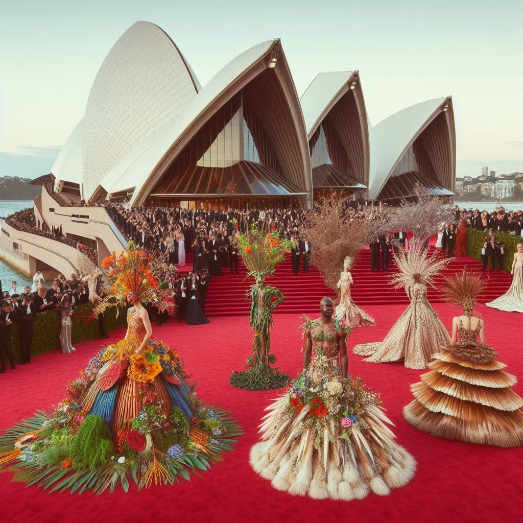 Three people in elaborate floral outfits on a red carpet at Sydney Opera House event