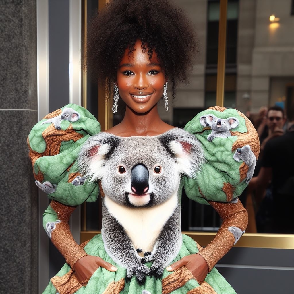 Person in a dress adorned with koala bears, posing with a koala, in a whimsical fashion setting
