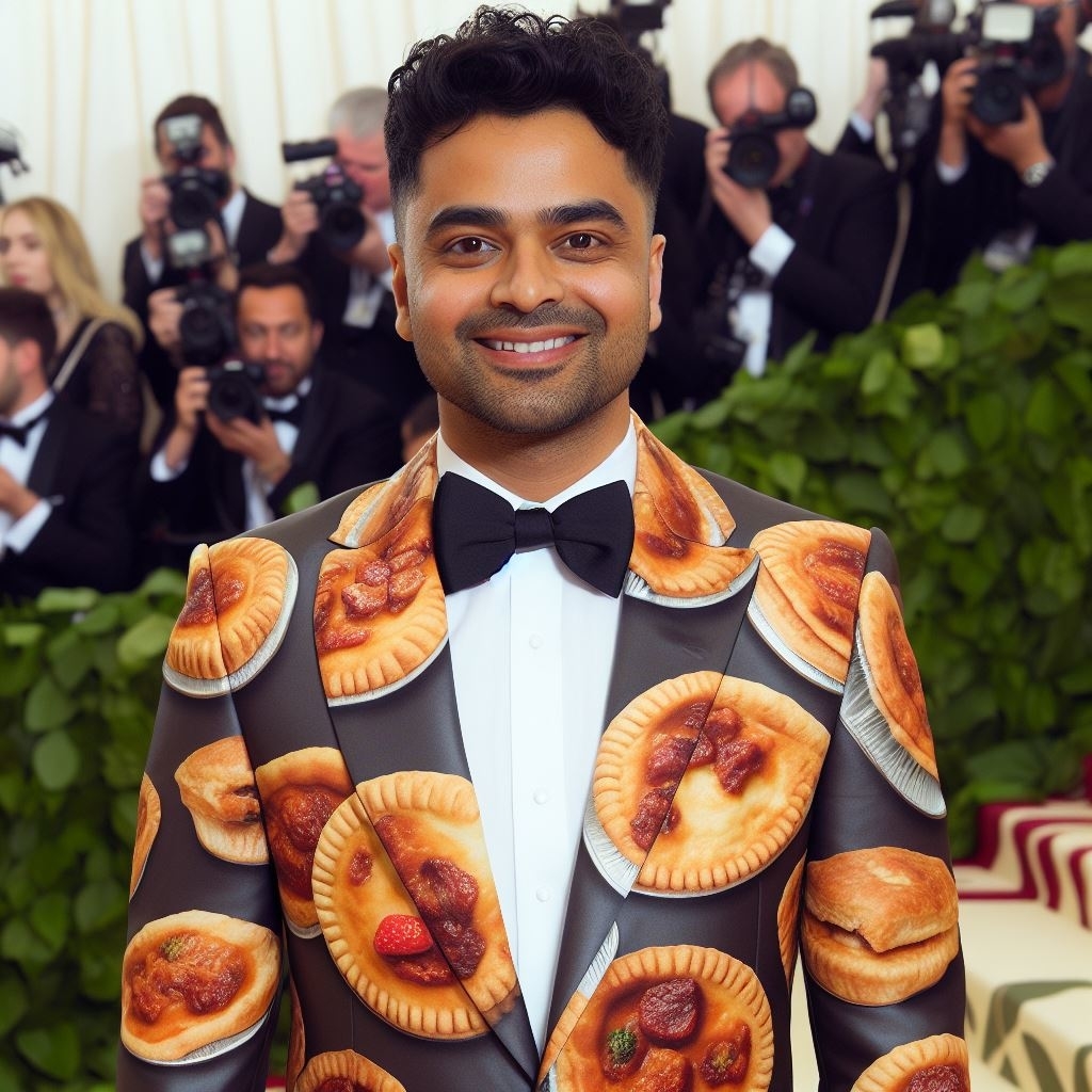 Man in unique suit with printed pie slices, smiling, photographers in background