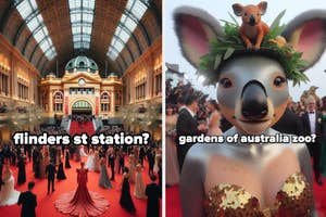 Split image: Left - Interior of grand building with staircase; Right - Kangaroo figure dressed fancily with leaves