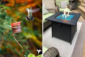 Outdoor gas fire pit table on a patio with chairs and cushions around it, suitable for backyard ambiance