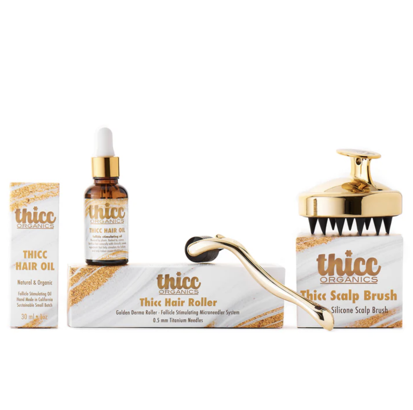 Three Thicc Organics hair care products: Hair Oil, Hair Roller, and Scalp Brush