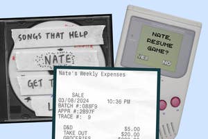 Collage of notes and receipts, including a mixtape, a takeout receipt, and a resume game prompt on a vintage handheld gaming device