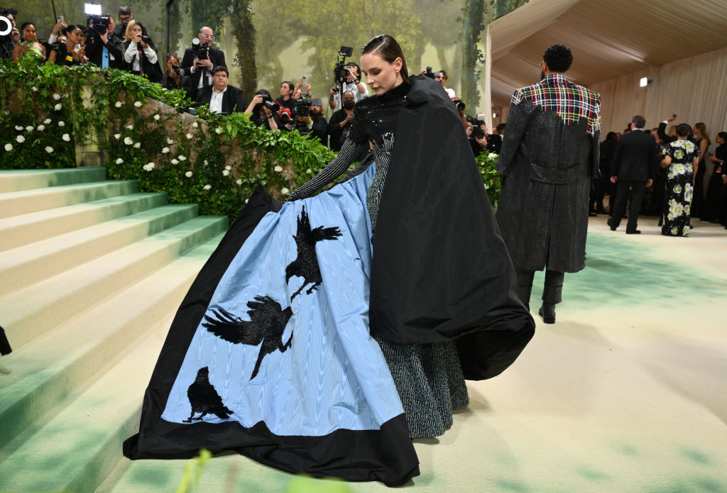 Rebecca on a carpet with a cape over an elaborate gown featuring bird designs, surrounded by photographers