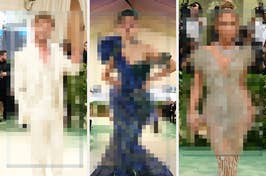 Three blurred figures in distinct poses, on what appears to be a red carpet event