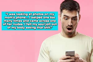 Man with shocked expression holding a phone with a text overlay quoting an awkward personal anecdote