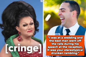 Drag queen performer in elaborate hair and green dress next to a meme with a quote about a rambling best man speech