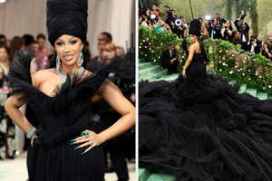 Cardi B in a voluminous black gown with a ruffled skirt and a large feathered hat at an event