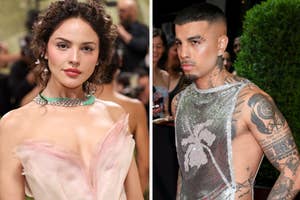 Two separate photos: First shows a woman in a sheer gown with a ruffled neckline; second, a man in a glittering sleeveless top with tattoos