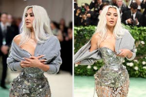 Kim Kardashian in a silver sequined gown with a grey cardigan at a gala event