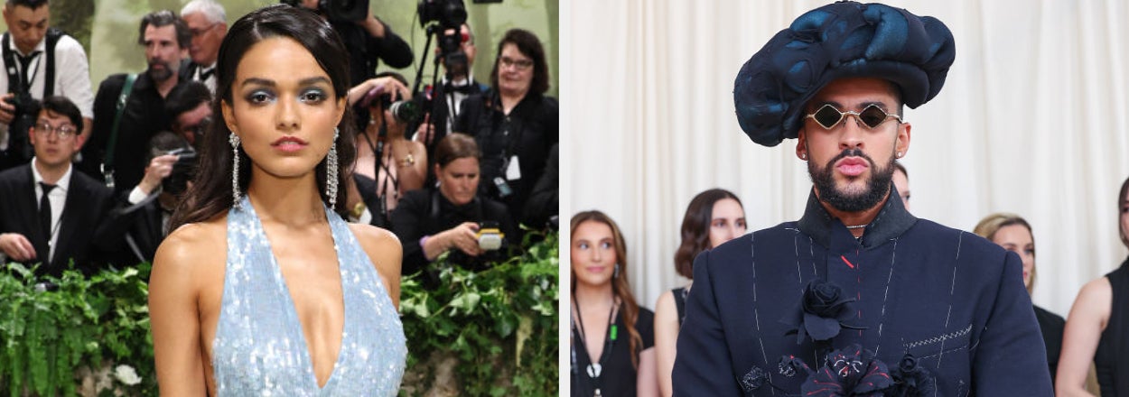 Two celebrities pose separately; one in a sequined gown, the other in a suit with an oversized hat and gloves
