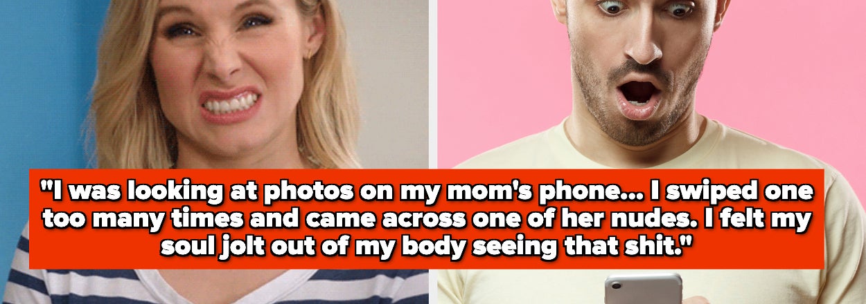 Two side-by-side photos: a woman grimacing and a man shocked, with a quote about an awkward phone discovery