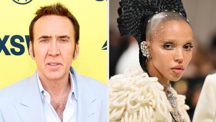 Nicolas Cage in a light suit and FKA twigs in an avant-garde outfit with bejeweled headpiece